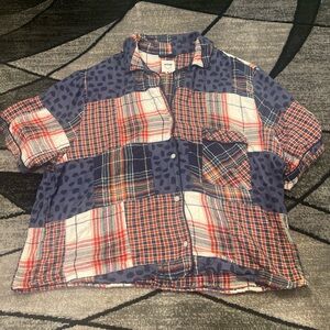 Patchwork Plaid Shirt - Blue, Red, White